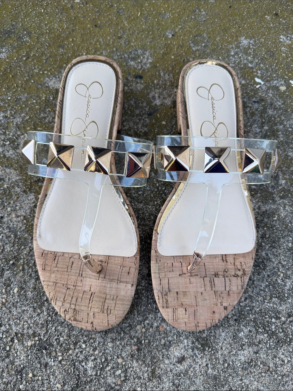 Jessica Simpson Clear Strap Cork Sandals with Gold Pyramid Studs